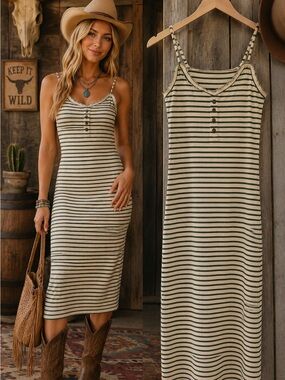NWT Endless Blu Green & Ivory Striped Ribbed Henley Midi Dress | Size Small